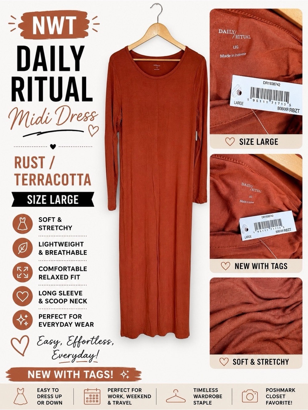 Daily Ritual Rust Terracotta Long Sleeve Maxi Dress NWT Size Large